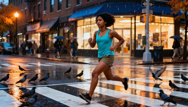 Athletic woman running in the rain on a city street at dusk. Urban fitness and determination concept