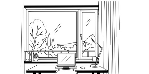 Fototapeta premium Home Office Desk with Window Simple Line Art Vector