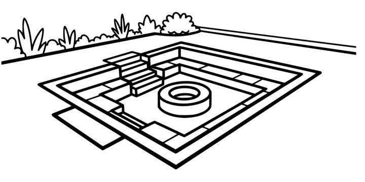 Sunken Outdoor Seating Area Minimalist Line Art Vector