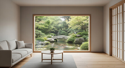 Minimalist living room with panoramic window view of a serene traditional Japanese garden, featuring koi pond and lush landscape, embodying modern tranquility