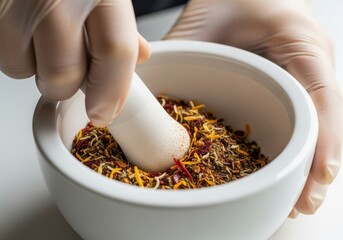 Close up of hands grinding spices in mortar and pestle, preparing herbal medicine or seasoning isolated on white background
