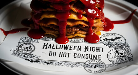 Bloody Halloween Pancakes With Red Syrup and Creepy Do Not Consume Sign.