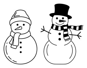 Snowmen friends with scarves and hats – cute winter holiday outline illustrations