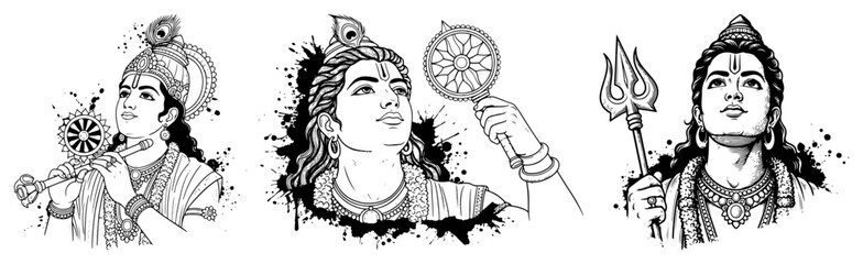 Hindu deities ink portraits – Vishnu Krishna Shiva heads artistic set