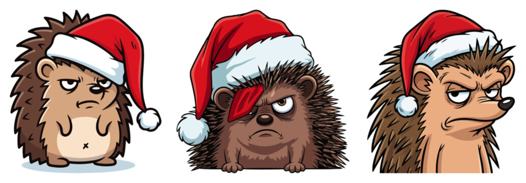 Grumpy hedgehog faces set in Santa hats &ndash; funny Christmas animal icons