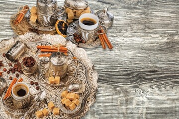 Arabic traditional dishes with sweets and coffee