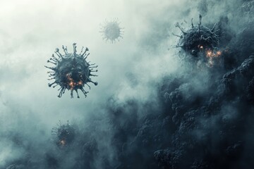 Dark clouds swirl as ominous virus-like entities float through the atmosphere at twilight