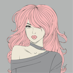 pink‑haired portrait with eye‑covering wave, gray off‑shoulder top, and choker; portfolio piece for character designers and digital illustrators