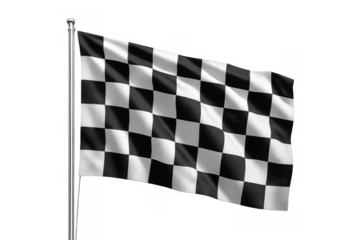 Checkered flag waving on flagpole, representing winning, racing, competition, and reaching the finish line with success