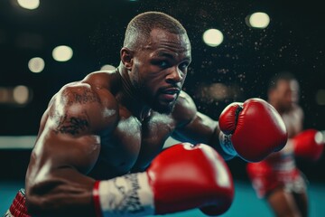 Intense boxing practice session in a training facility with dedicated athletes