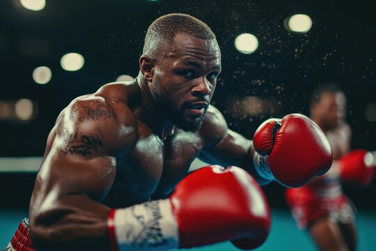 Intense boxing practice session in a training facility with dedicated athletes