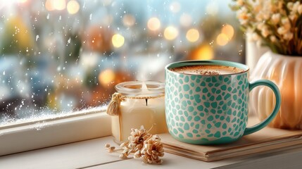 Cozy winter scene with turquoise patterned mug of hot chocolate, candle and flowers on windowsill with snow outside, warm bokeh lights in background, comforting hygge atmosphere, copyspace for text