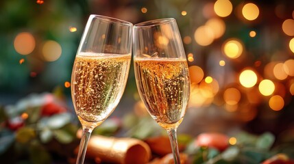 Two champagne glasses clinking in a festive celebration with golden bokeh lights, elegant holiday background for New Year, Christmas, or special occasions, luxury toast and sparkling drink concept