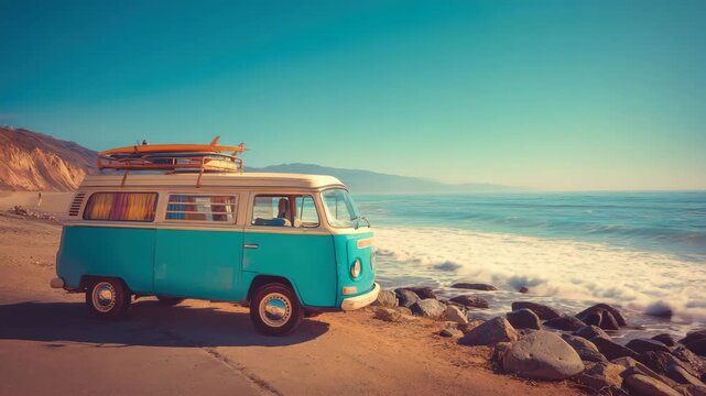 Enjoying the view from a vintage van by the beach