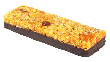 Healthy granola bar isolated on a white background. Nutritious cereal bar. Energy bar.