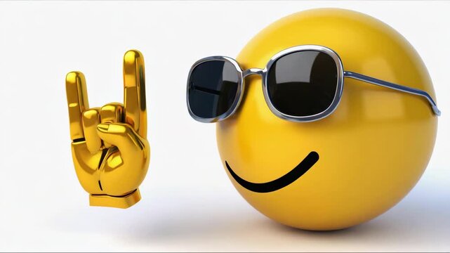 Smiling yellow ball character gives a cool gesture while wearing sunglasses and enjoying a fun moment with a positive vibe at a casual event