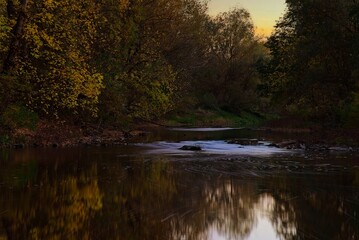 Fototapeta premium Reflection of trees in the sunset river