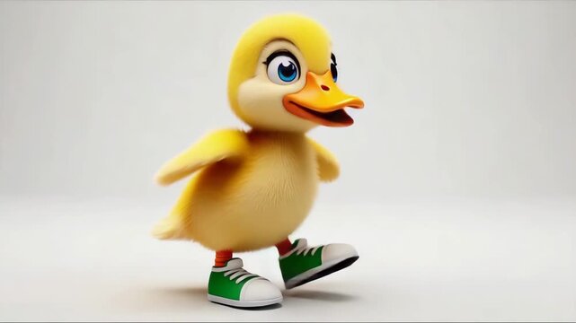 Cute yellow duck wearing green sneakers brings joy and fun in a colorful animation showcasing lively movements and playful expressions in a bright setting