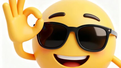 Sunglass emoji smiles and shows thumbs up in colorful animation for a fun, cheerful moment - Powered by Adobe