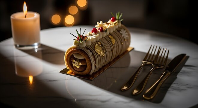 Gourmet Christmas yule log cake, an exquisite B&ucirc;che de No&euml;l dessert by candlelight