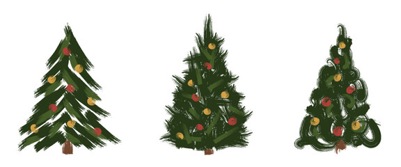 Set of decorated Christmas tree with brushstroke texture. Vector images for Christmas, New Year and winter design. Hand drawn original illustrations.