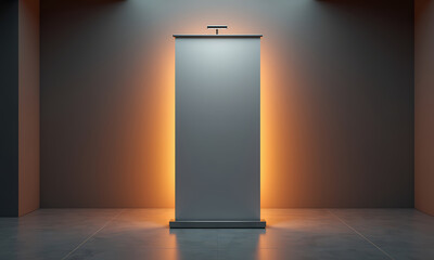 Illuminated blank banner in dark studio setting