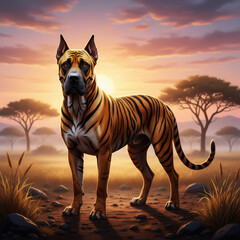 Dog with tiger stripes in savannah sunset