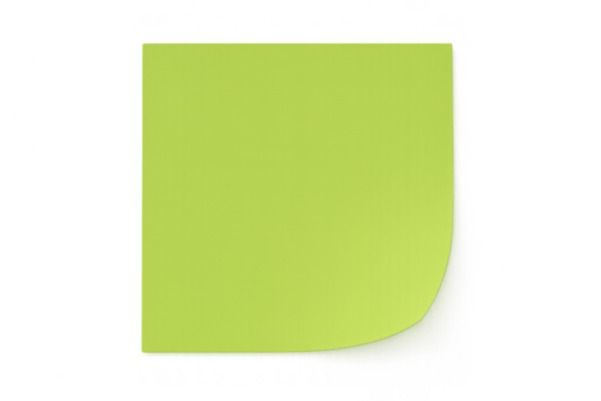 Green sticky note, square shape, showing a curled bottom right corner. Ready for text, great for mockups