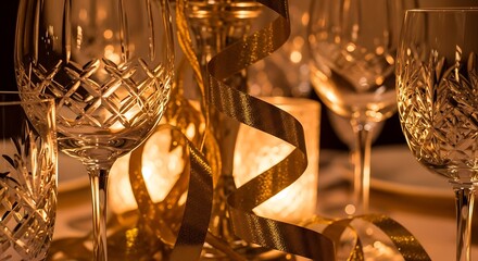 Elegant table setting with festive decorations, including wine glasses, candles, and golden ribbons