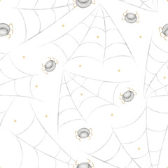 Halloween pattern spiders crawling on web. Watercolor illustration is hand-drawn in childish style. Seamless print isolated from background is suitable for textiles, fabrics, clothing, wallpaper paper
