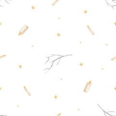 Halloween pattern burning candles, branches stars dots. Hand-drawn watercolor illustrations in childish style. Seamless print isolated from background for textiles fabrics clothing wallpaper packaging