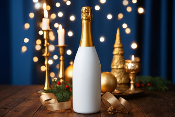 Champagne bottle with golden foil surrounded by candles and Christmas decorations. Atmosphere of celebration, luxury, and joy