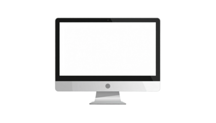 Sleek computer monitor with a large blank white screen and a silver stand, displayed on a stark black background