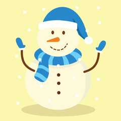 Classic Happy Snowman Character Wearing Blue Winter Hat and Scarf Vector