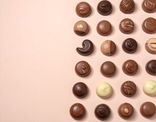 Assorted Chocolate Candies in Grid Pattern on Pastel Beige Background Flat Lay