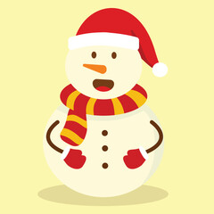 Cute cartoon snowman in a Santa Claus hat holding a Christmas tree for winter holiday decoration and greeting card