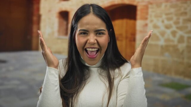 Young latin woman playfully covering face then smiling in old town setting showing joy and surprise outdoors with stone buildings as background