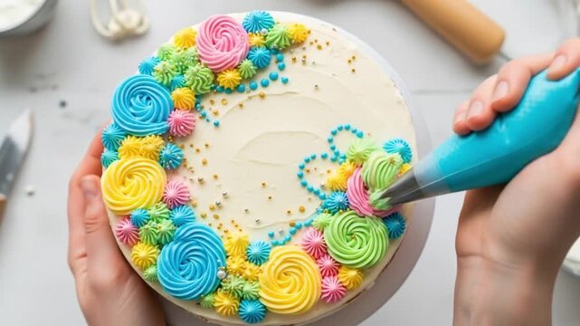 A baker's hands carefully pipe colorful buttercream frosting rosettes and dots onto a white celebration cake.