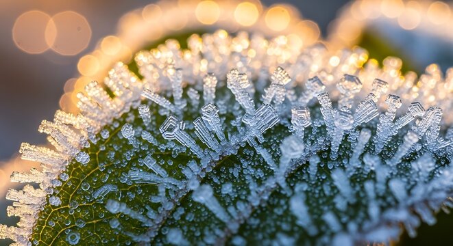 Intricate hoar frost ice crystals forming on the edge of a green leaf with golden morning sunlight - Powered by Adobe
