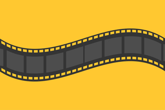 Curved film strip on yellow background symbolizing cinema, movie production, photography, and creative storytelling concept