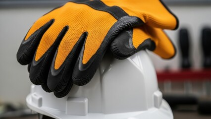 Close up of bright orange and black work gloves resting on a white construction hard hat