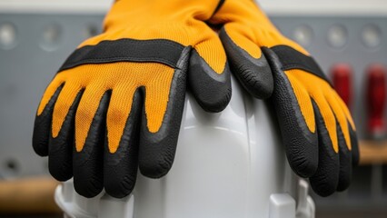Close up of bright orange and black work gloves resting on a white object in a workshop setting