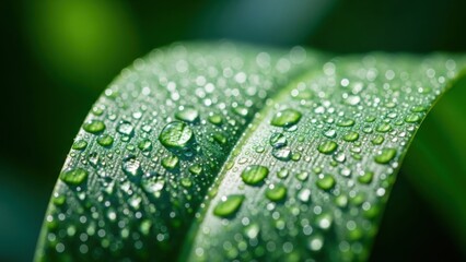 Close up of fresh green leaves covered in sparkling water droplets after a refreshing rain shower