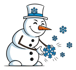 Happy Snowman Playing with Snowflakes – Smiling Winter Character Cartoon Vector