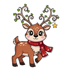Cute Reindeer with Heart‑Shaped Antlers and Scarf – Adorable Holiday Cartoon