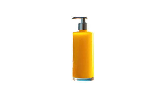 An orange liquid dispenser bottle with a pump set against a plain black background