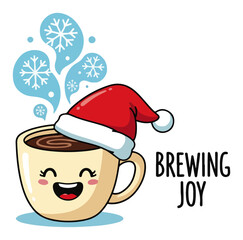 Smiling Coffee Mug in Santa Hat with Text “Brewing Joy” – Cozy Winter Beverage Cartoon