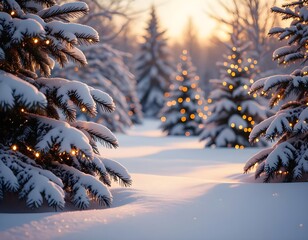 Snowy Christmas Trees Decorated with Twinkling Lights in a Winter Wonderland