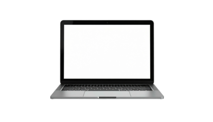 Silver laptop with a blank white screen on a black background, keyboard visible