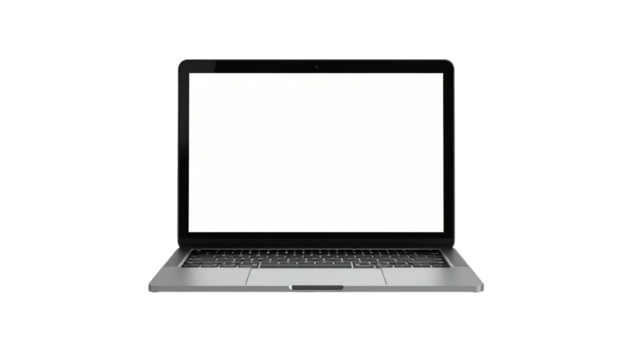 Silver laptop with a blank white screen on a black background, keyboard visible